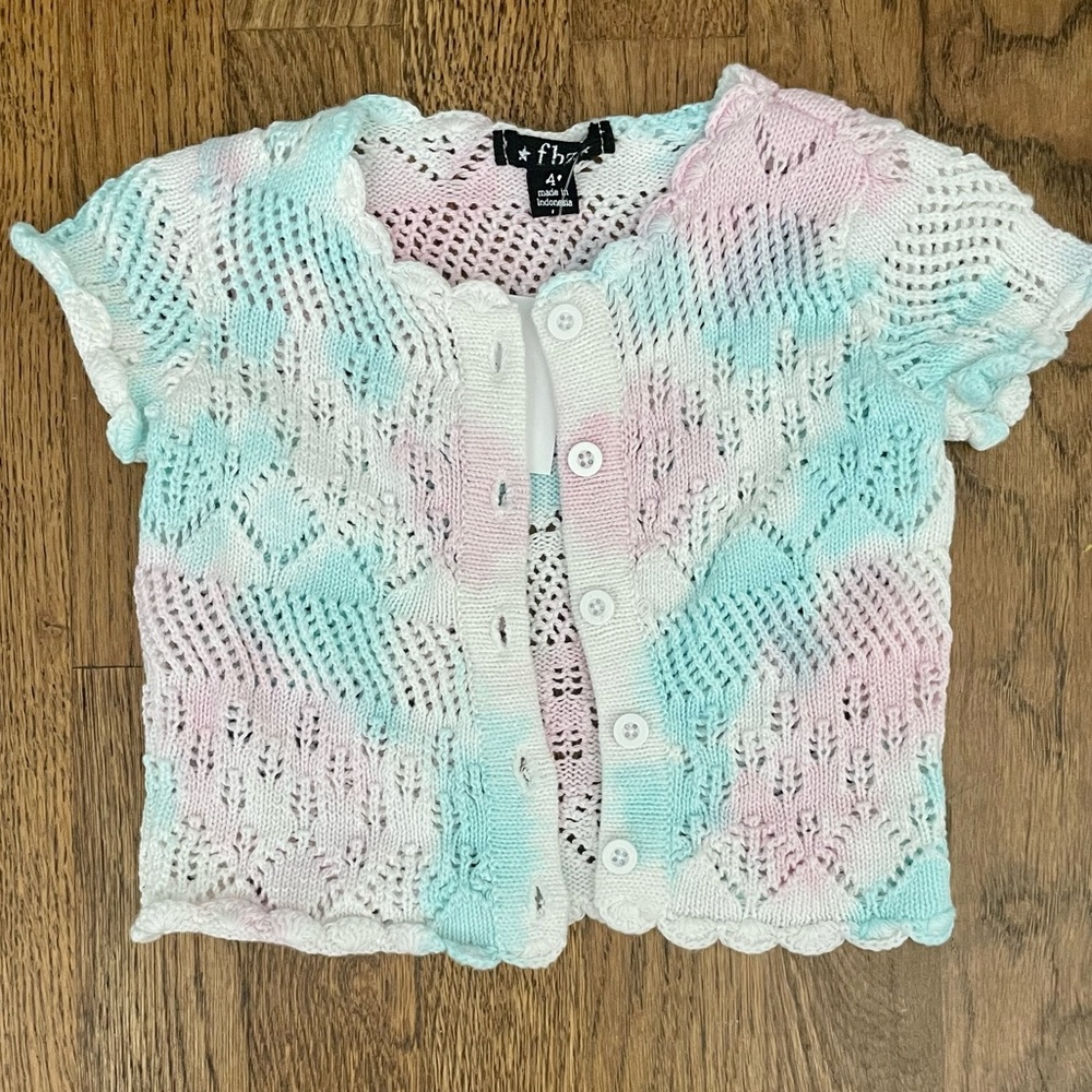 Flowers by Zoe crochet short sleeve cardigan, pink and bye tie dye NWT size 4